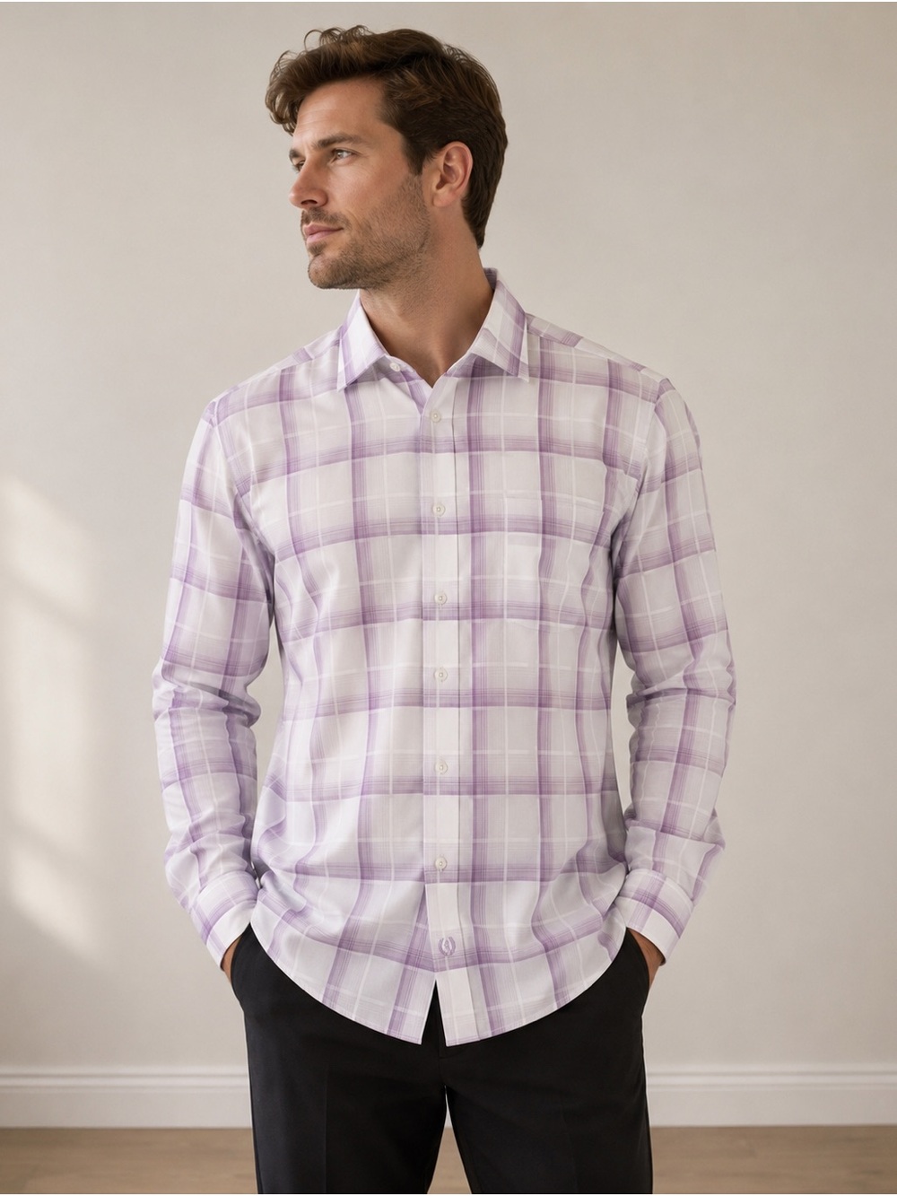 Bugatchi Men's Lavender and White Plaid Button-Down Shirt